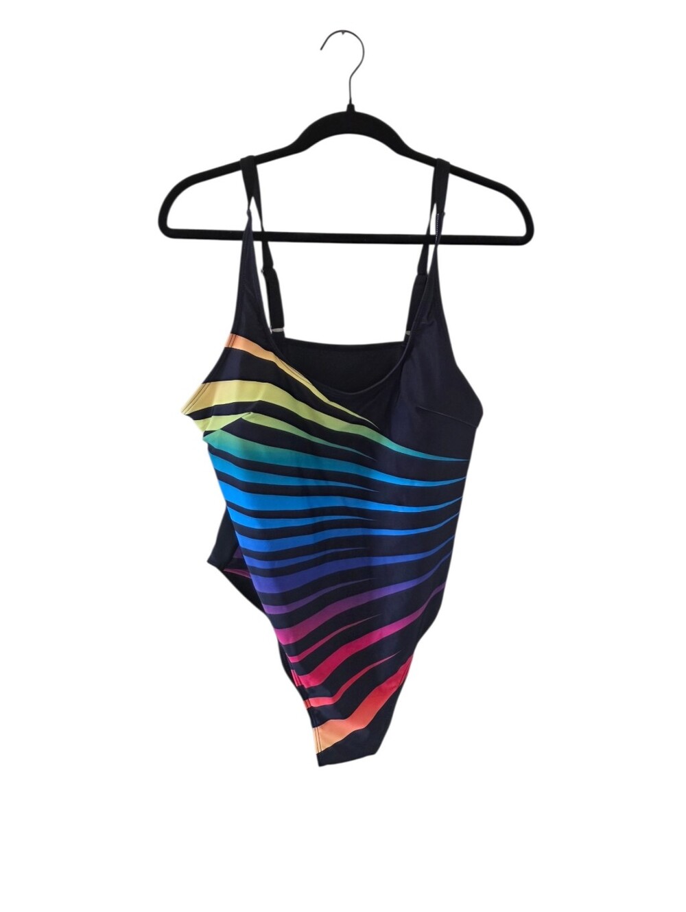 Black One-Piece Swimsuit with Rainbow Stripes